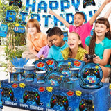 Video Game Birthday Decorations,142Pcs Gamer Birthday Party Decorations Tableware Plates And Napkins,Banner,Tablecloth,Cup,Blue Video Game Decorations For Boys Birthday Party Decorations