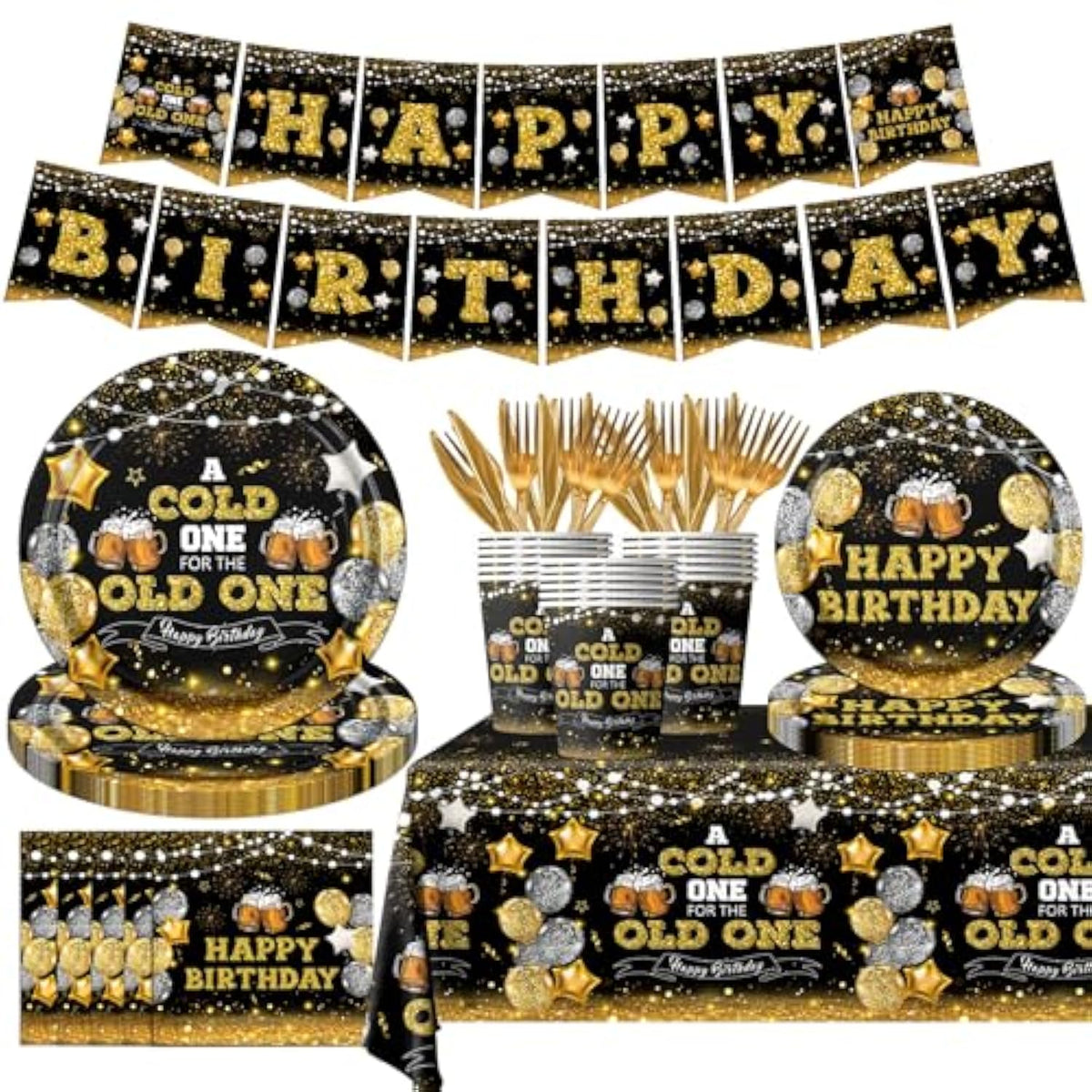 142Pcs Beer Birthday Decorations For Men A Cold One For The Old One Birthday Decorations With Plates Napkins Cups Tablecloth And Banner Black And Gold Party Decorations For 20Th 30Th 40Th 50Th