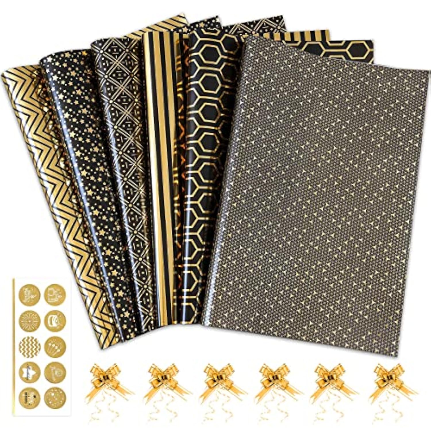 6pcs Black Gold Foil Gift Wrap Set with Bows & Stickers, 27.5x19.6in