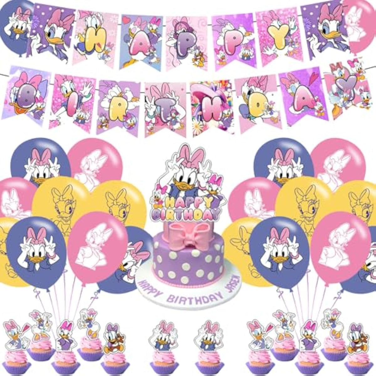 Daisy Duck Party Set - Movie Banner, Cake Topper, Latex Balloons for Fans