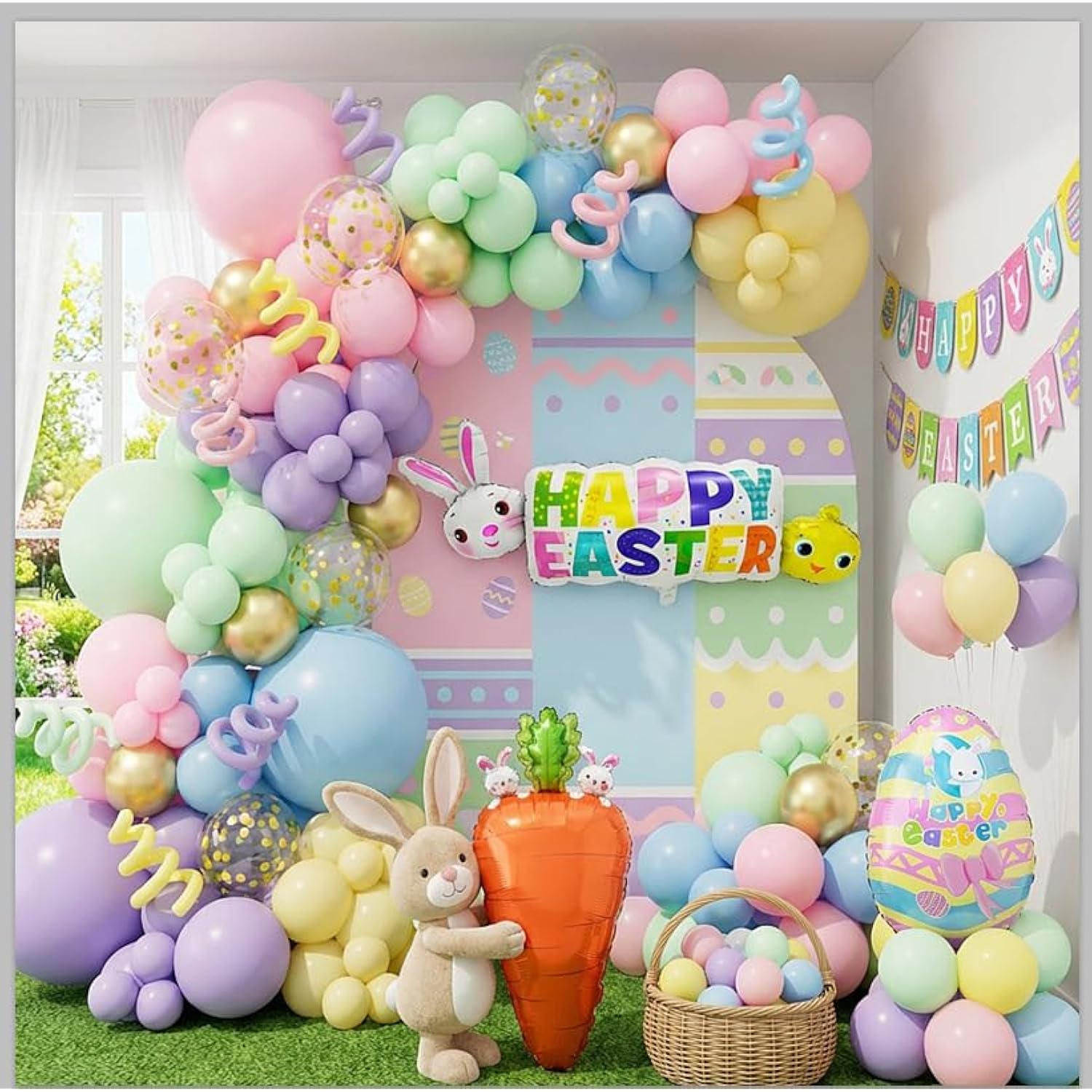 Easter Balloon Garland Arch Kit - 145 Pcs Easter Party Supplies With Happy Easter Balloon?Easter Egg, Bunny Head Hoop Carrot Foil Balloon For Spring Birthday Party Baby Shower Decorations