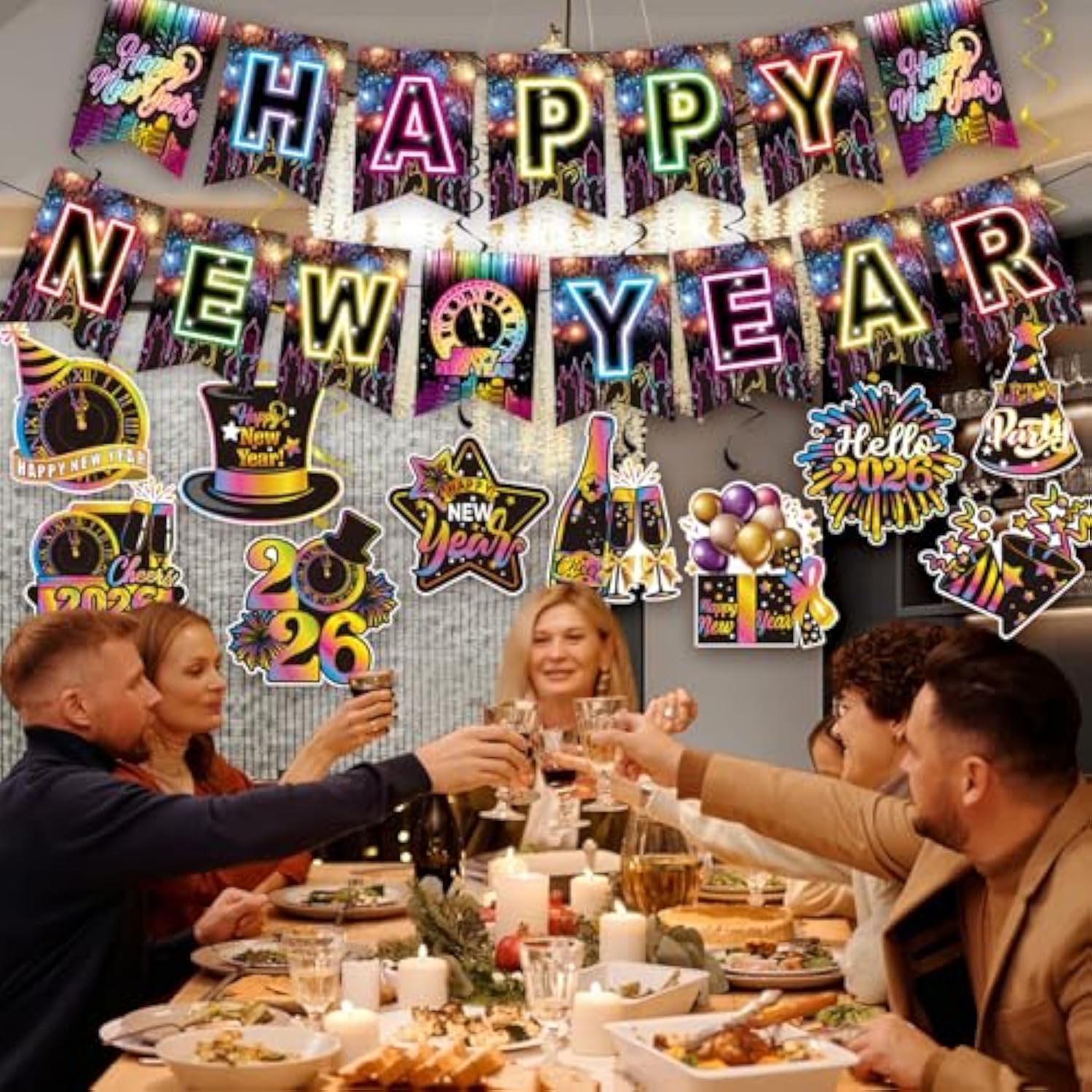 Colorful Neon New Year 2026 Banner with Hanging Swirl Streamers