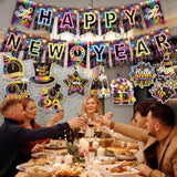 Colorful Neon New Year 2026 Banner with Hanging Swirl Streamers