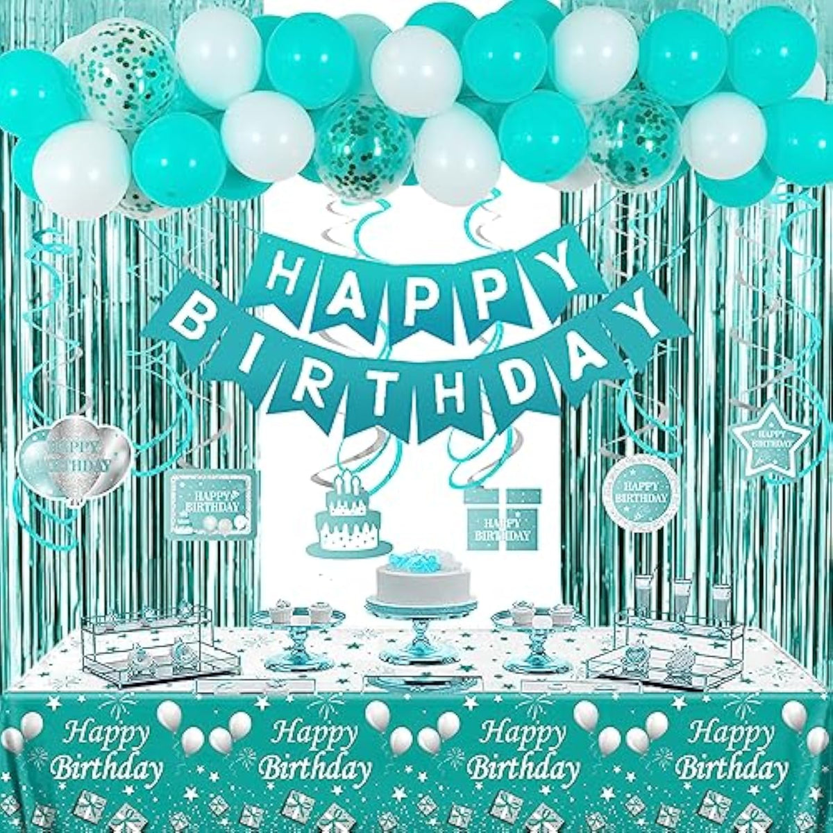 Teal Birthday Party Decor for Her – Balloons, Banner, Curtains & Tablecloth Set