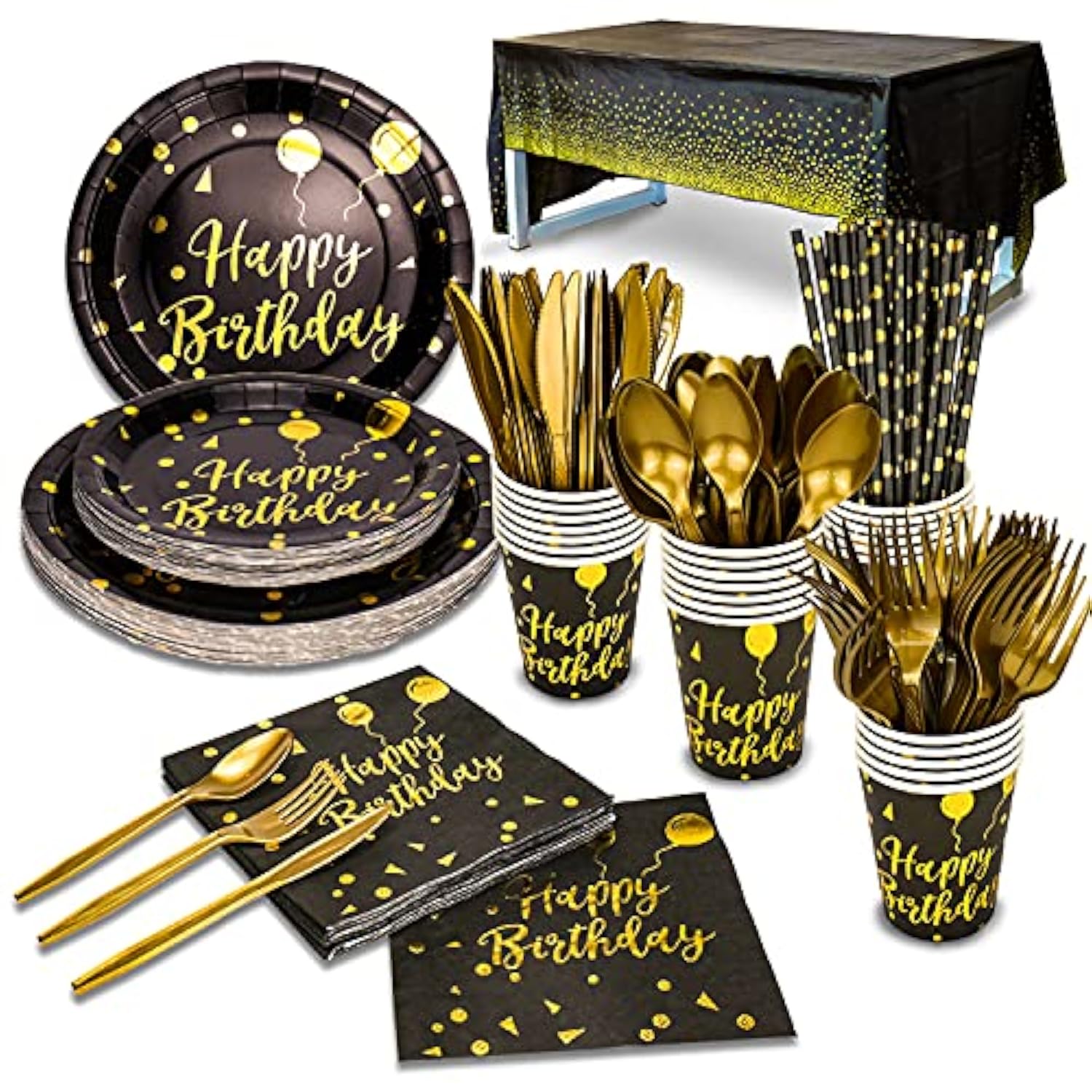 201 Pieces Gold Disposable Party Dinnerware Set &Golden Dot Birthday Black Paper Plates Napkins Cups, Gold Plastic Forks Knives Spoons (25 Guests)