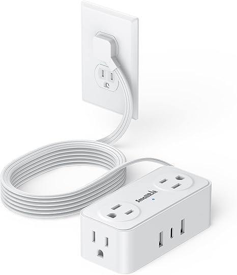 Flat Plug Power Strip 6 Outlets 3 USB Ports 6.5FT Extension Cord Charging Station White