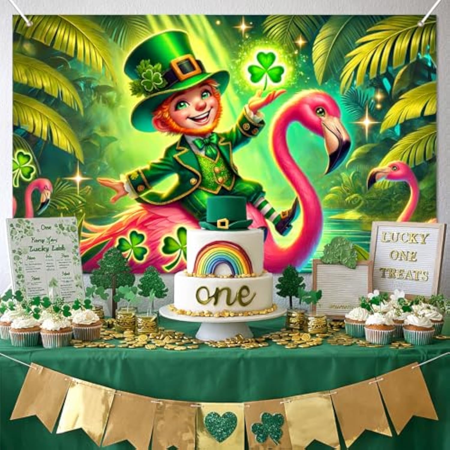 St. Patrick’S Day Banner 71X43 Inch Green Holiday Party Banner Featuring Irish Boy On Pink Flamingo Glowing Clover Tropical Forest Scene For St. Patrick’S Day Decoration Photo Background Wall Display