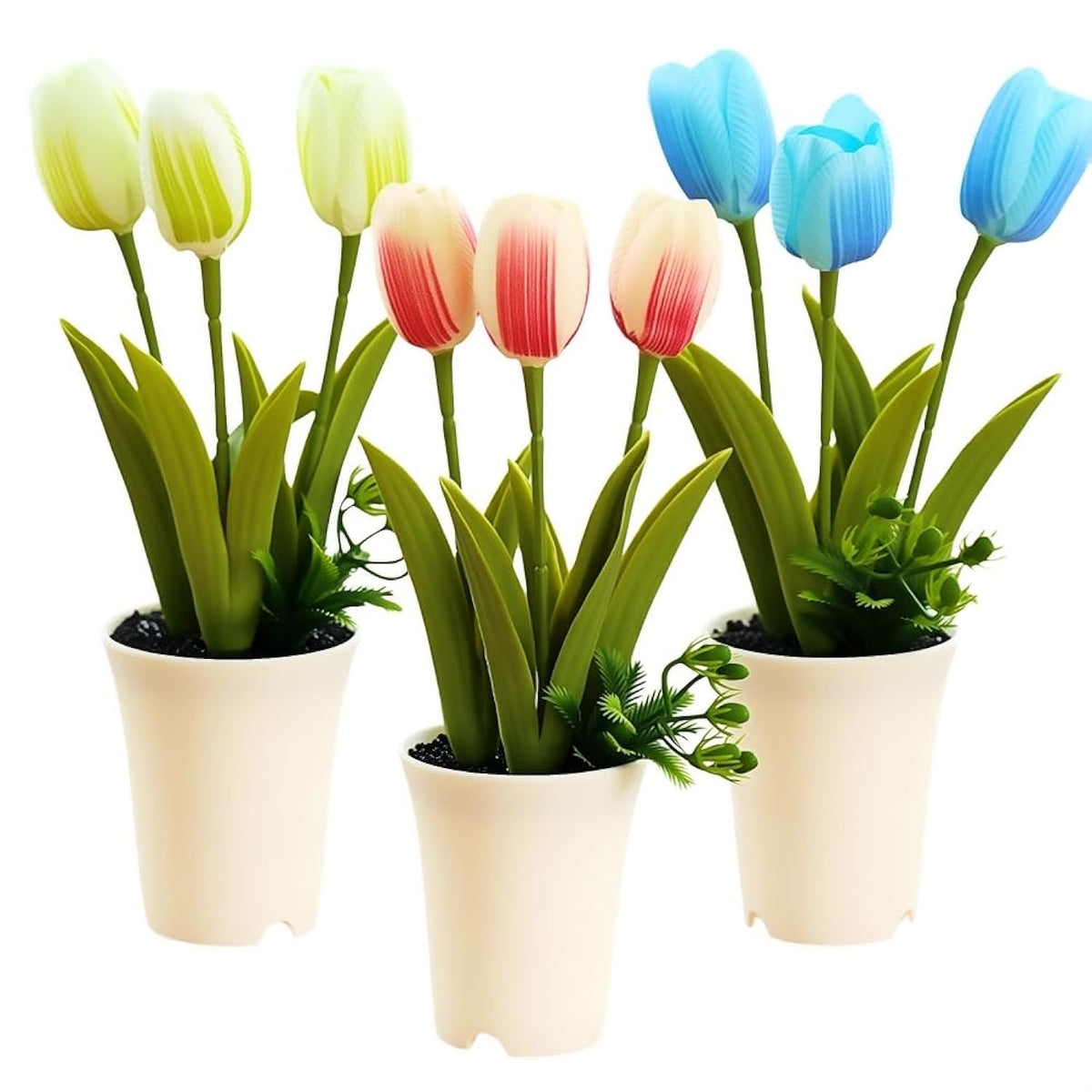 3 Pack Artificial Potted Flowers Small Faux Plants In White Pot Mini Artificial Tulips Potted Flower For Bathroom Home Office Desk Table Shelf Decoration Indoor