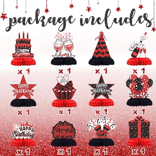 Black and Red Birthday Decorations – 12PCS Honeycomb Table Centerpieces for Men Women Adults – Happy Birthday Table Decor Party Supplies