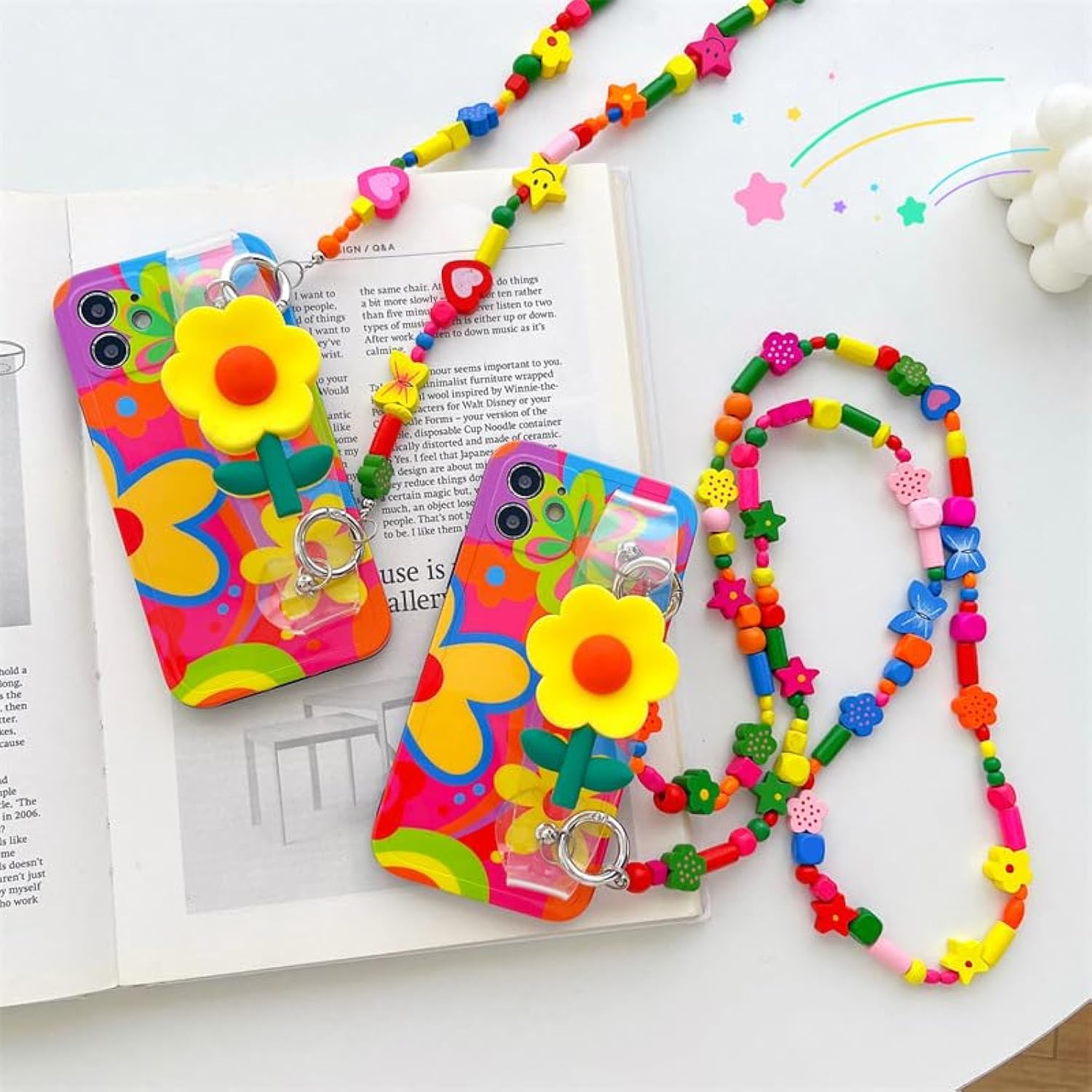 Lanyard Case Compatible With Iphone 15 Case,Crossbody Case With Strap And Wrist Band,Unique Cute Kawaii Colorful Painting Flowers Design For Girls And Women