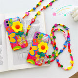 Lanyard Case Compatible With Iphone 15 Case,Crossbody Case With Strap And Wrist Band,Unique Cute Kawaii Colorful Painting Flowers Design For Girls And Women