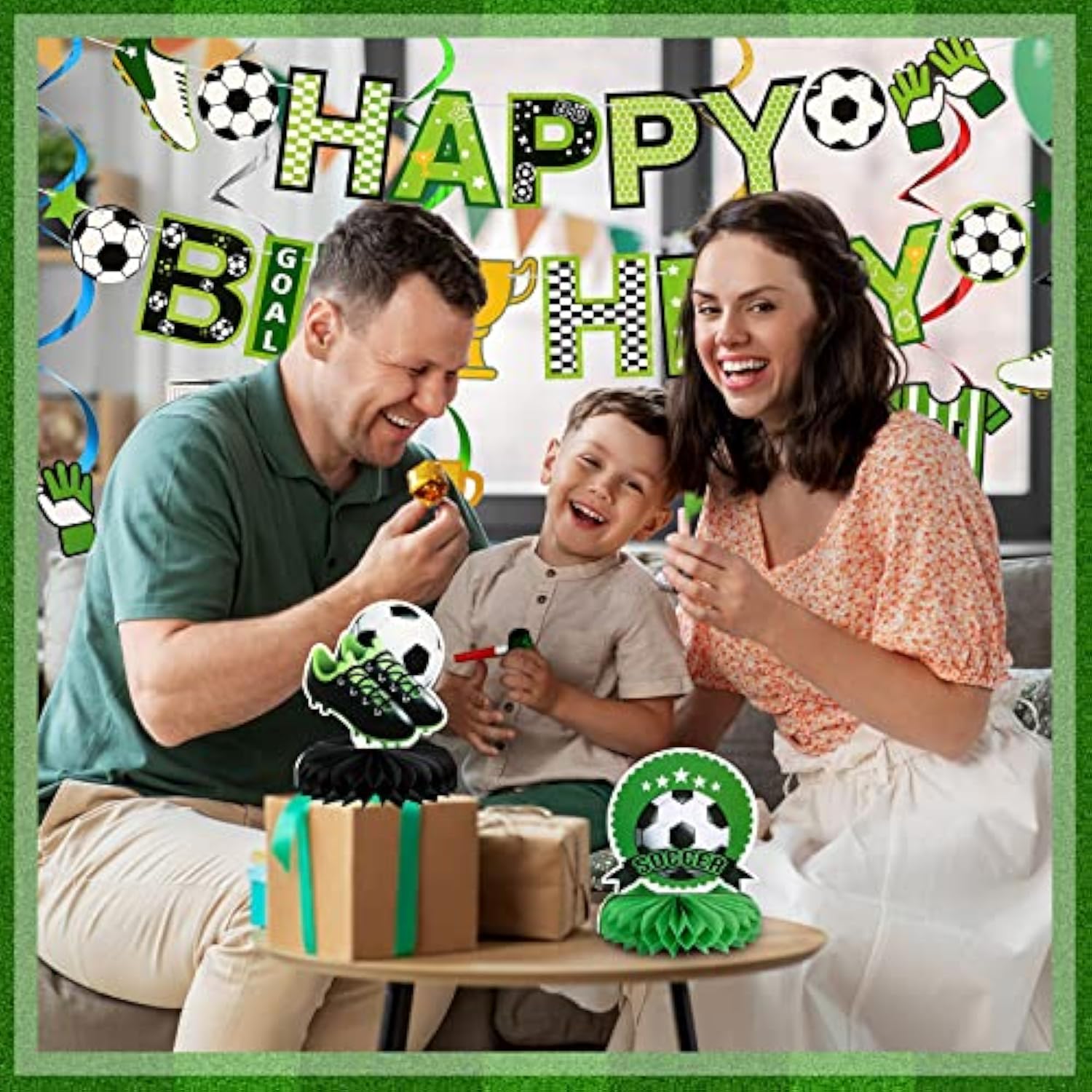16 Pcs Soccer Birthday Party Decorations Include Soccer Happy Birthday Banner, Table Centerpieces, Paper Cutouts, Hanging Swirl For Boys Sports Football Party Decor