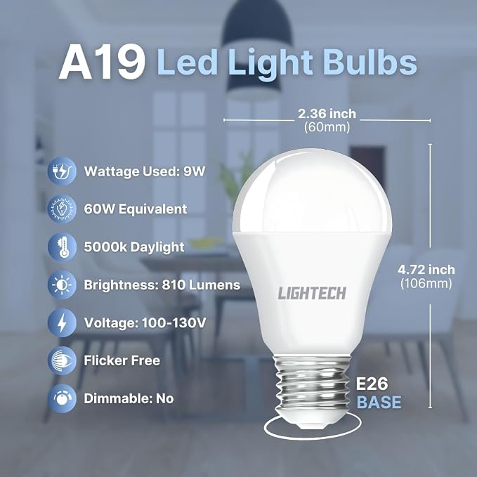 12 Pack A19 LED Light Bulbs 9W 60W Equivalent 5000K Daylight 810 Lumens E26 UL Listed