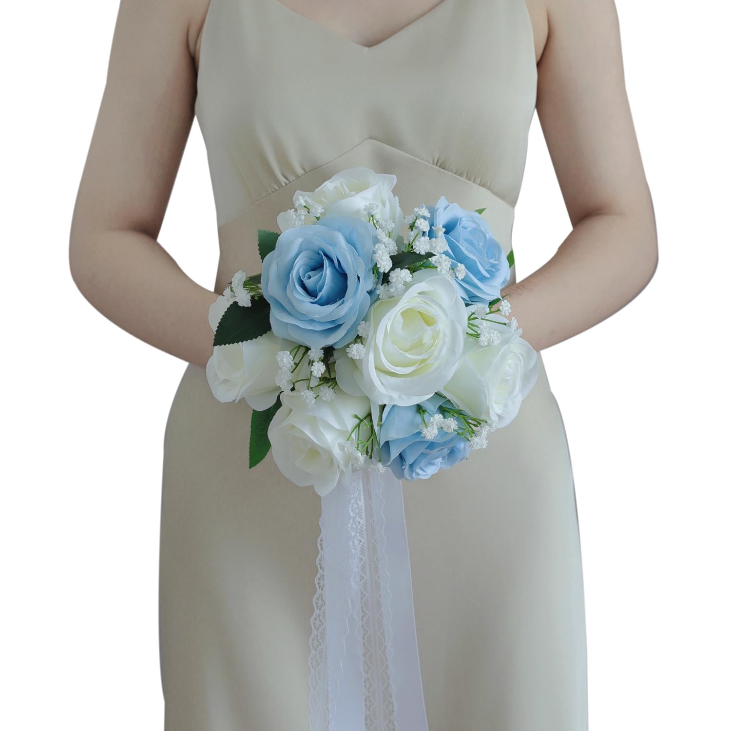 Dusty Blue Wedding Bouquets For Bride Bridesmaid, 7 Inch Baby'S Breath Ivory Artificial Roses Flowers Bridal Bouquets For Wedding Decor, Ceremony, Anniversary, Homecoming, Etc.