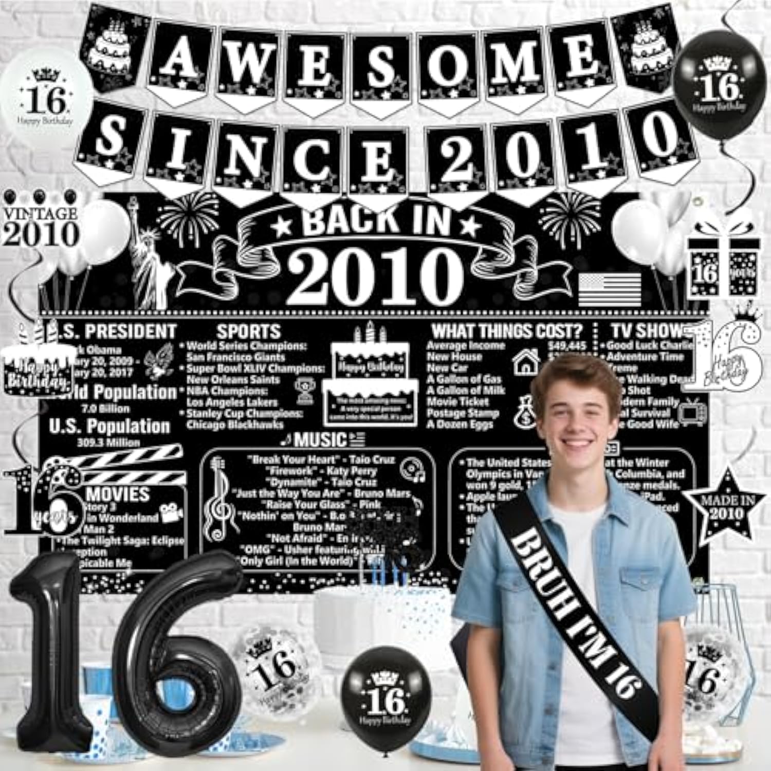 Happy 16Th Birthday Decorations For Boys, Black And White Back In 2010 Birthday Party Supplies, 2010 Poster Banner, Bruh I'M 16 Sash, 16Th Cake Topper, Latex Balloon, 16 Year Old Set