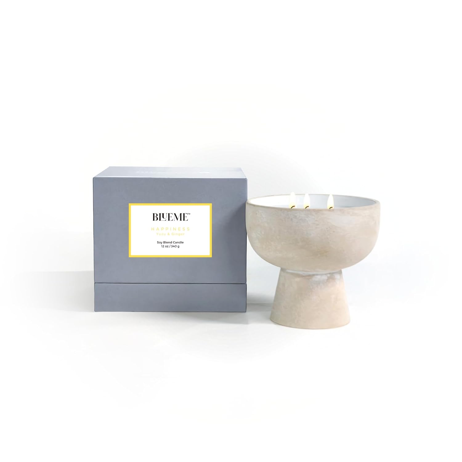 Happiness Candle | Yuzu & Ginger | 3 Wick - Refillable Wellness Candle With Essential Oils, Hand Finished & Poured Soy Wax Blend Ceramic Vessel, Natural Cotton Wicks | Medium 12 Oz
