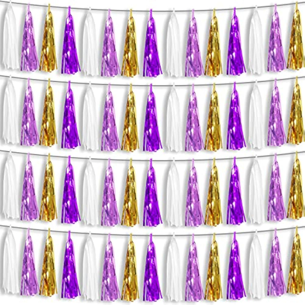 4P Purple-Gold Foil Fringe Metallic Tassel Garland, Tassels Banner Streamers For Parade Floats, Bachelorette, Wedding, Birthday, Halloween, Christmas, Bridal/Baby Shower Party Decorations