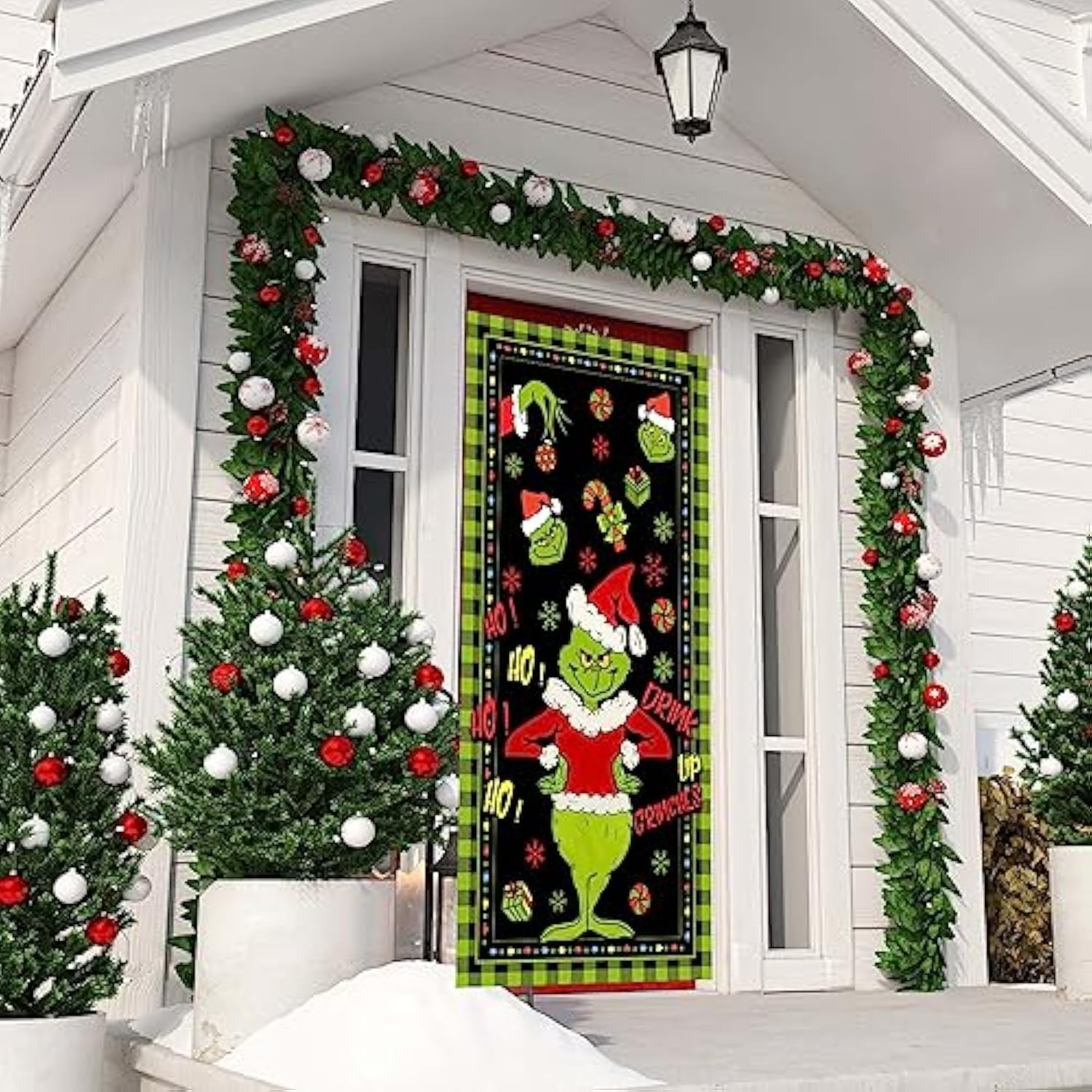 Green Christmas Decorations Door Cover Merry Christmas Door Cover 6 X 3Ft Black Buffalo Grid Flag Photography Banner Christmas Xmas Winter Holiday Home Kitchen
