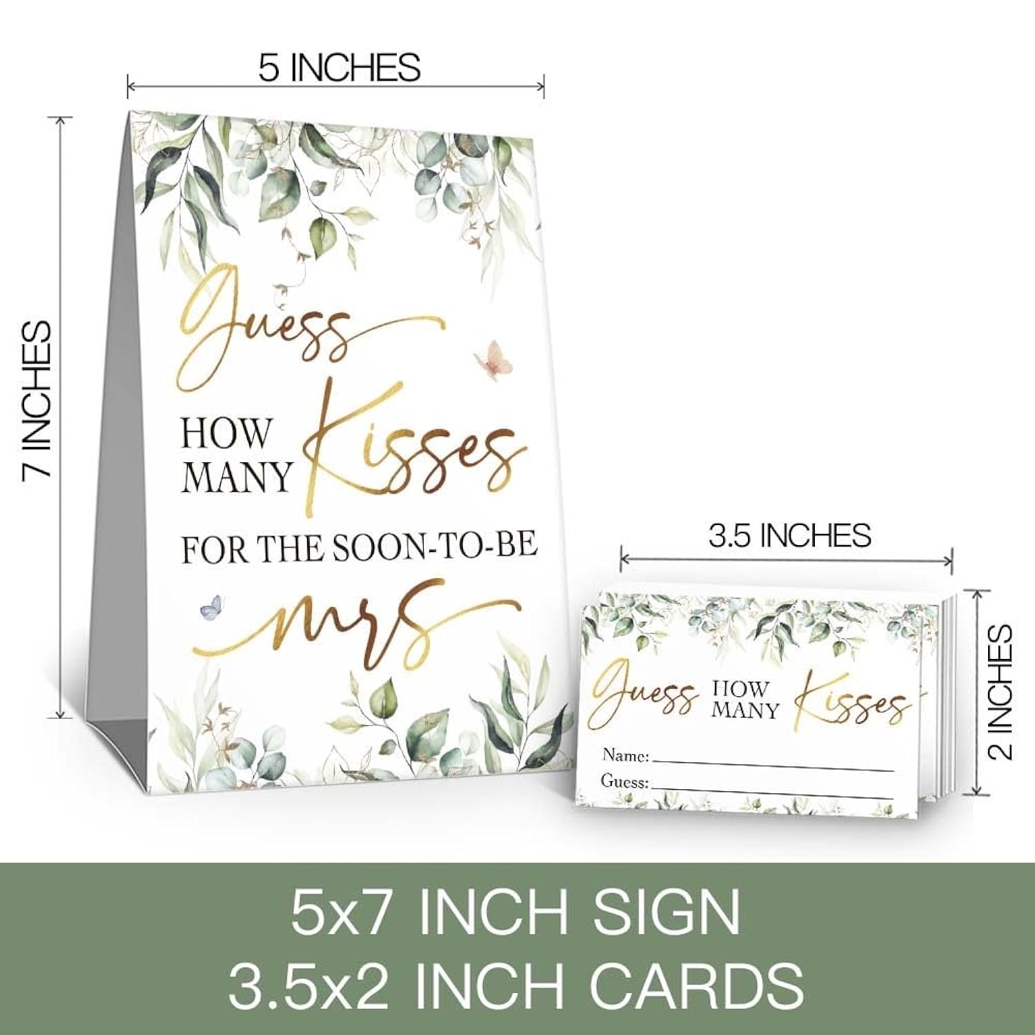 Greenery Guess How Many Kisses Bridal Shower Game - 1 Sign + 50 Cards Set, Bridal Shower Games, Bachelorette Party Night, Bridal Shower Games Ideas
