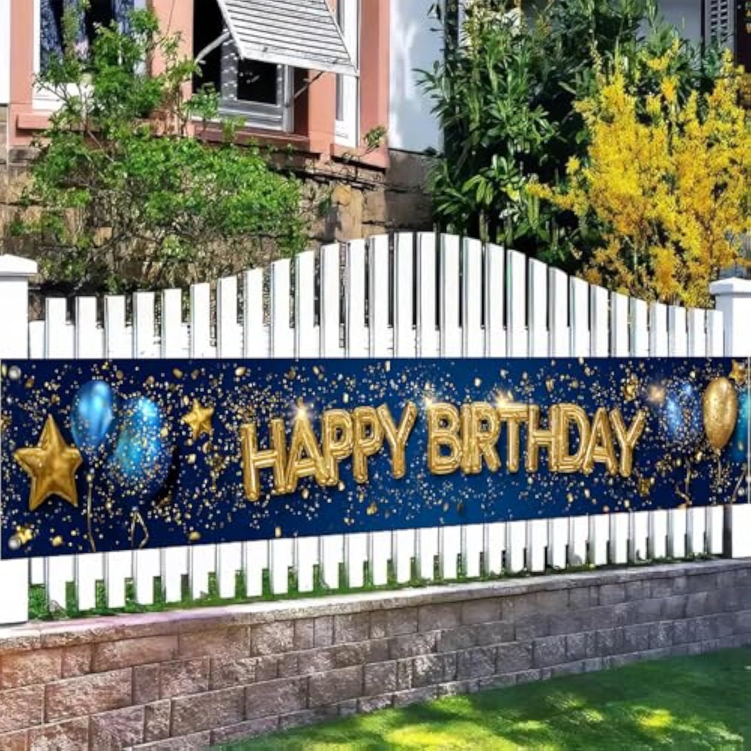 Happy Birthday Long Banner 118X20 Inch Royal Blue Gold Theme Party Backdrop Decoration Balloons Stars Polyester Fabric Large Event Supplies For Girls Or Boys Gifts Longs Banners