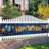 Happy Birthday Long Banner 118X20 Inch Royal Blue Gold Theme Party Backdrop Decoration Balloons Stars Polyester Fabric Large Event Supplies For Girls Or Boys Gifts Longs Banners