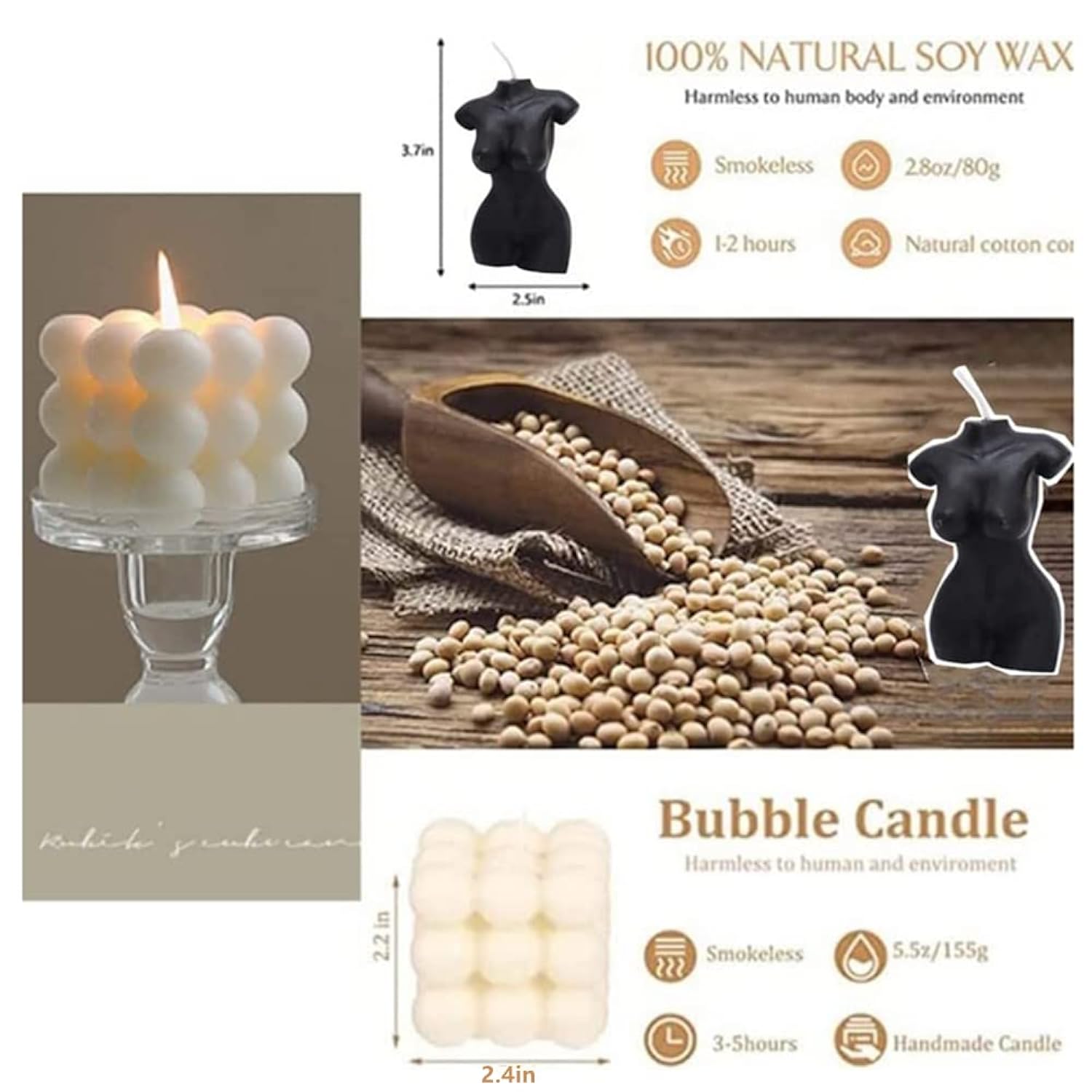2 Pcs Bubble Cube Candles And Female Body Shaped Candle,Handmade Soy Wax Scented Candle,Bedroom Bathroom Home Aesthetic Decor Candle (Black +White)