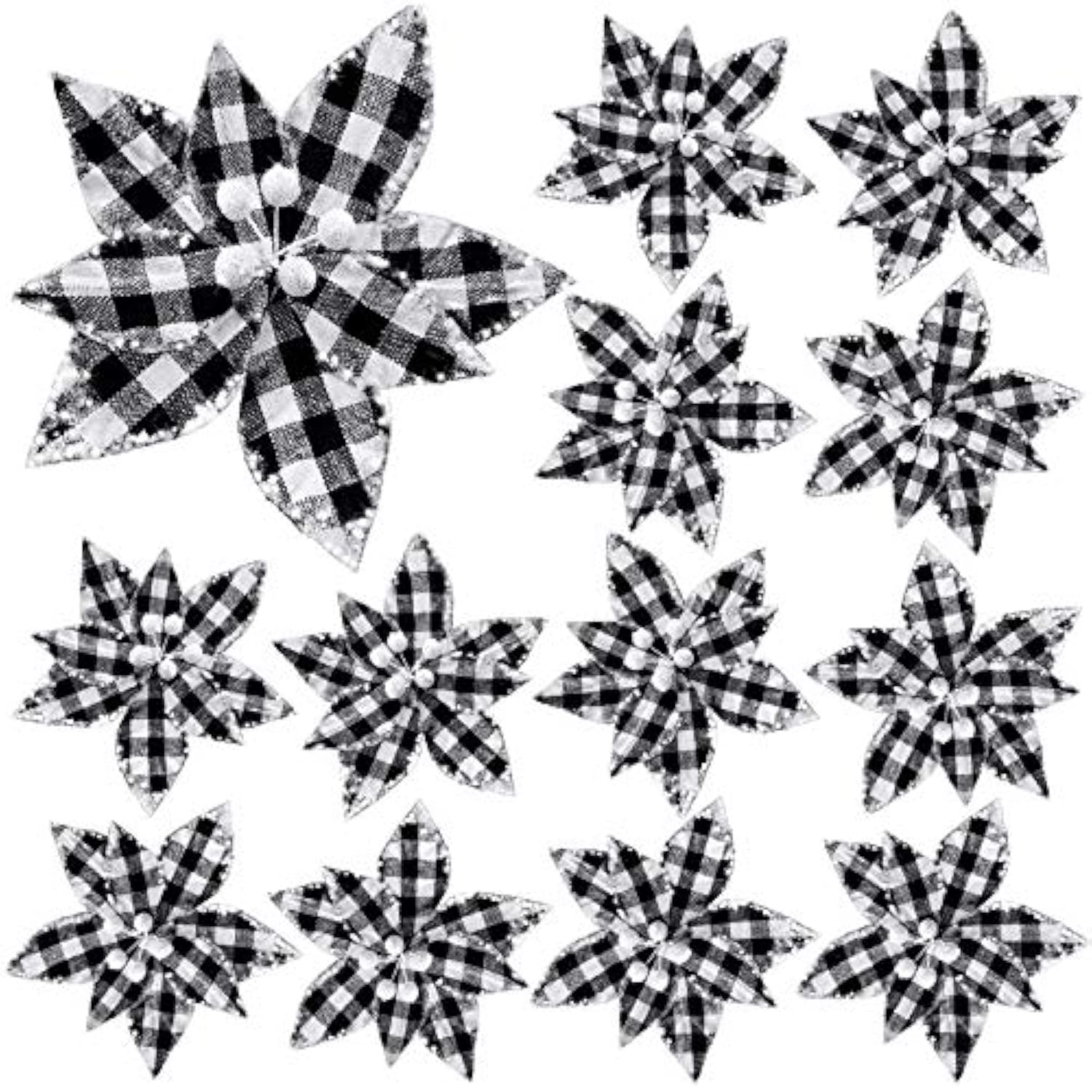 12 Pieces Buffalo Plaid Poinsettias Christmas Tree Ornaments Artificial Christmas Flowers With Glitter Powder For Christmas Tree Wreaths Garland Holiday Decorations 6.7 Inch (Black And White)