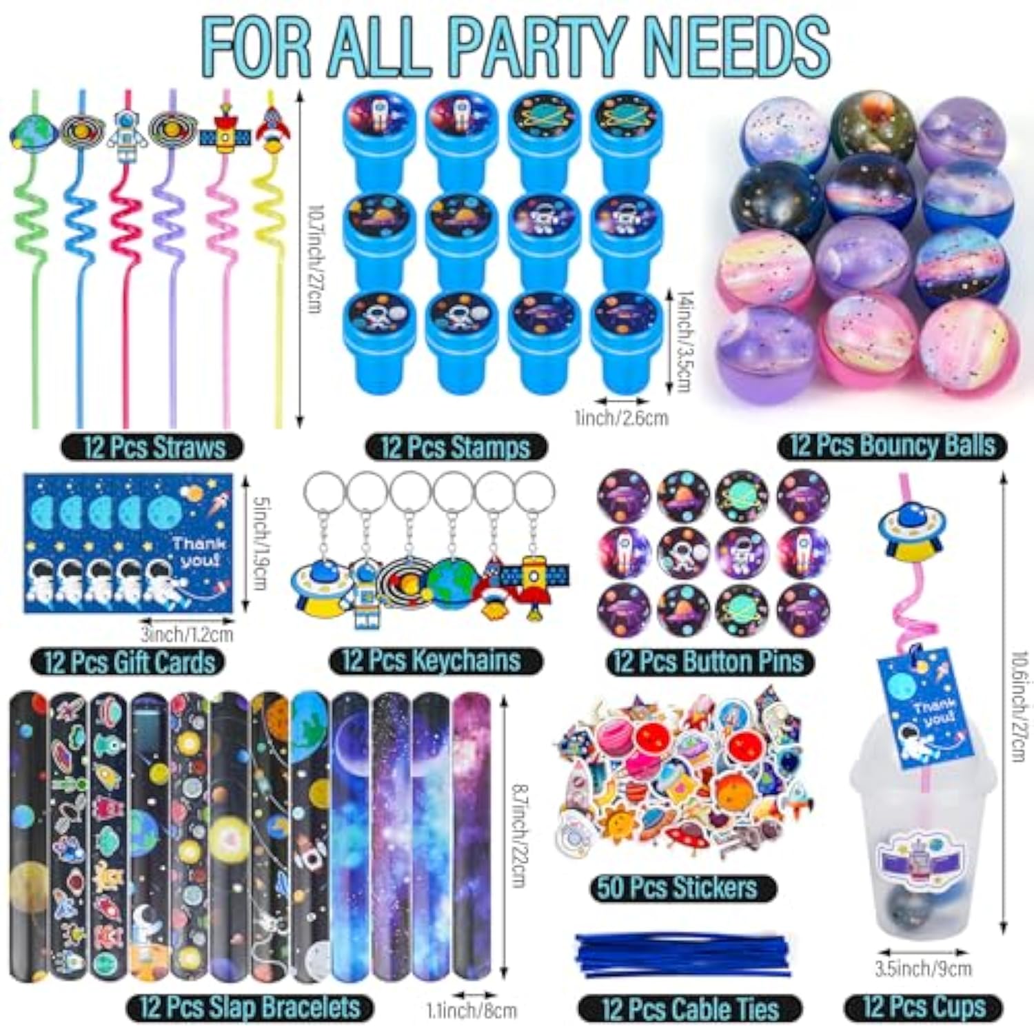 161 Pcs Space Party Favors With Cup Straws Stress Ball Space Pins Slap Bracelets Keychains Stamps Stickers Twist Ties And Gift Card For Kids Space Birthday Party Supplies (Style 1)