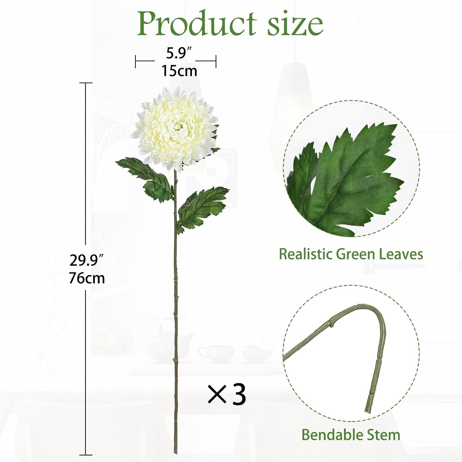 3Pcs Fake Mums Flowers White Artificial Chrysanthemum Flowers Silk Long Stem Floral Arrangements Bouquets Faux Spider Mum Flower Pincushion Flower Bush Spring Home Decor