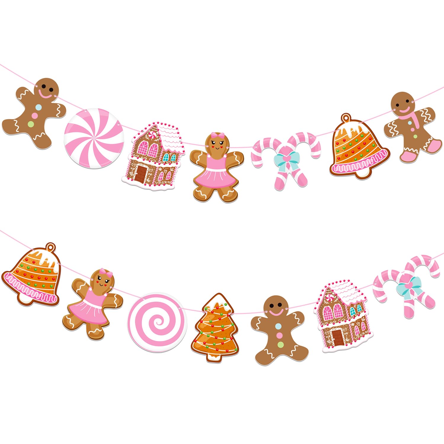 Pink Gingerbread Banners Christmas Gingerbread Theme Party Decorations 2Pcs Christmas Candy Cane Gingerbread House Cutout Banners Holiday Xmas Tree Hanging Decor For Girls Merry Xmas Party Supplies