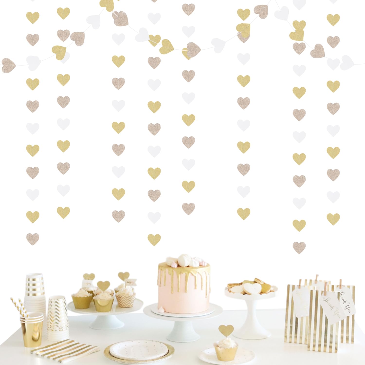 White-Gold Champagne Bachelorette Party Decorations - 52Ft Birthday Heart Hanging Paper Streamers-Garland Banner,Engagement Wedding Neutral Baby Bridal Shower Supplies Decor