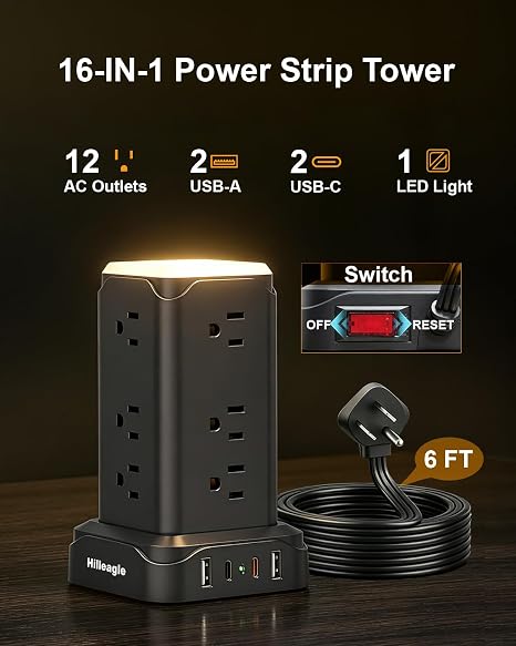 12 Outlet Tower Power Strip 4 USB Ports 6FT Cord Surge Protector Black