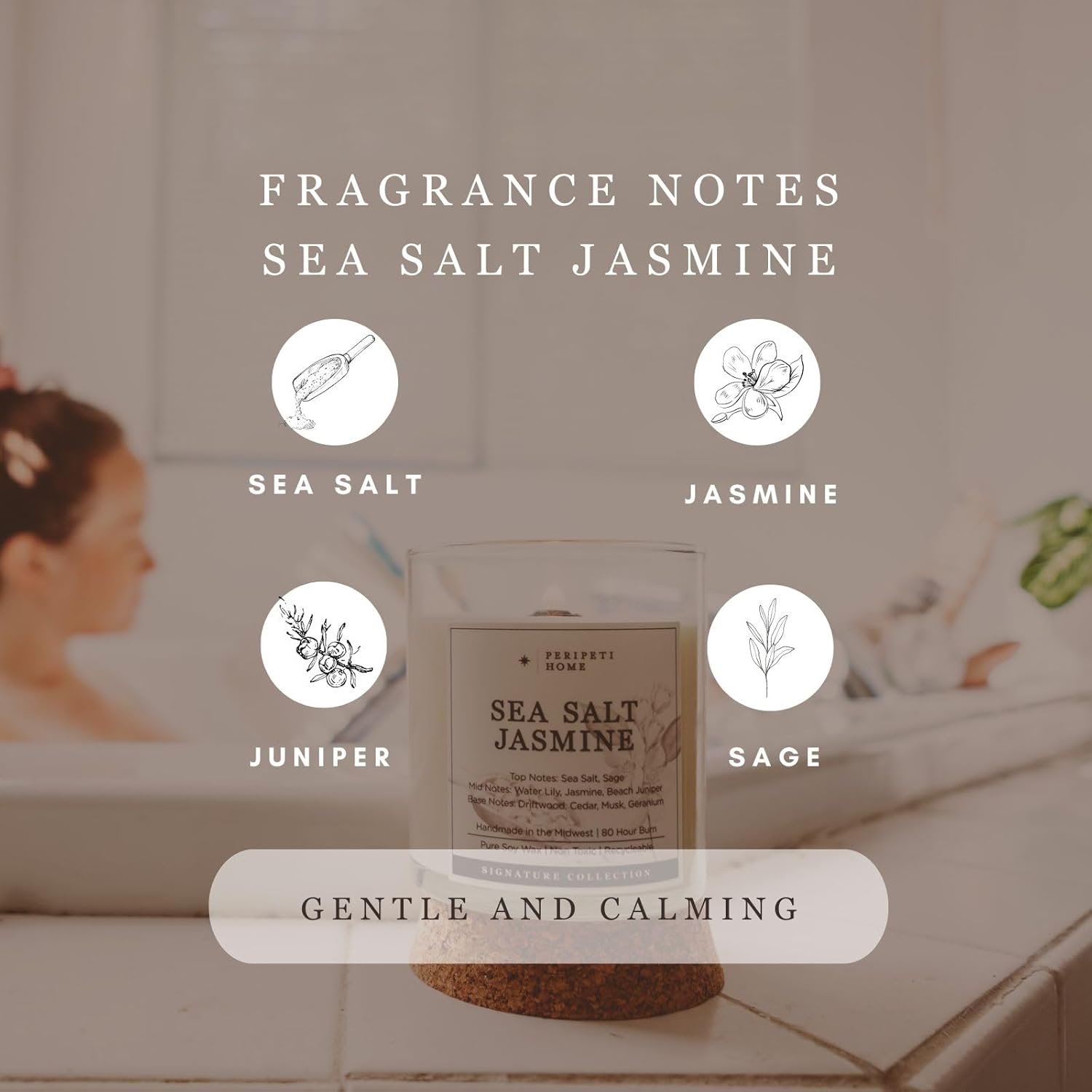 Peripeti Home Sea Salt + Jasmine Scented Candle - Wooden Wick, 8.5Oz Natural Soy Wax For Calming Coastal Aromatherapy - Long-Lasting Fresh Fragrance For Home Or Gift