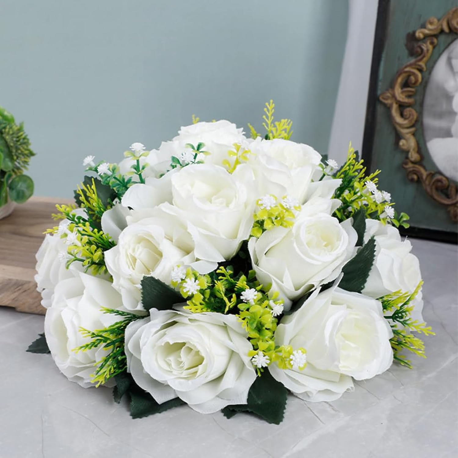 10Pcs Artificial Flower Ball Arrangement, 9.5" 15 Heads Wedding Roses Bouquet With Base Suitable For Parties Valentine'S Day Wedding Centerpieces Flower Rack And Home Decor (White)