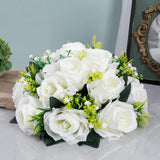 10Pcs Artificial Flower Ball Arrangement, 9.5" 15 Heads Wedding Roses Bouquet With Base Suitable For Parties Valentine'S Day Wedding Centerpieces Flower Rack And Home Decor (White)