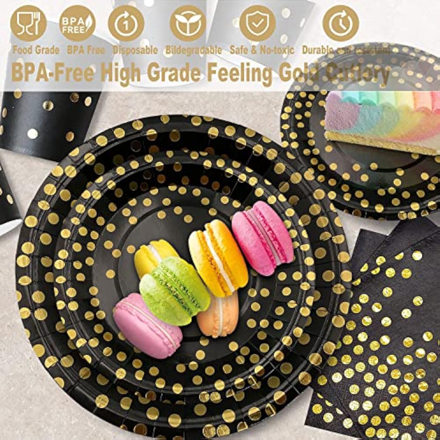 175Pcs Black And Gold Party Supplies, Severs 25 Disposable Party Dinnerware Gold Plastic Forks Knives Spoons And Golden Dot Black Paper Plates Black Napkins Cups For New Years Graduation Birthday