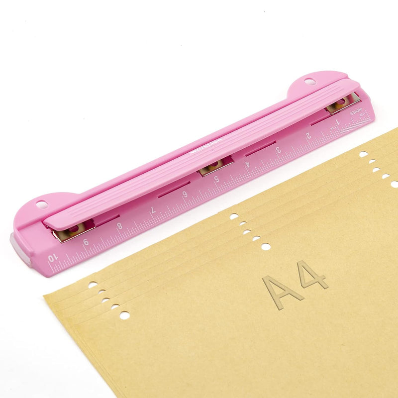 3 Ring Hole Puncher For Binders,Pink,With 10" Ruler, Plus Paper-Chip Tray Desi