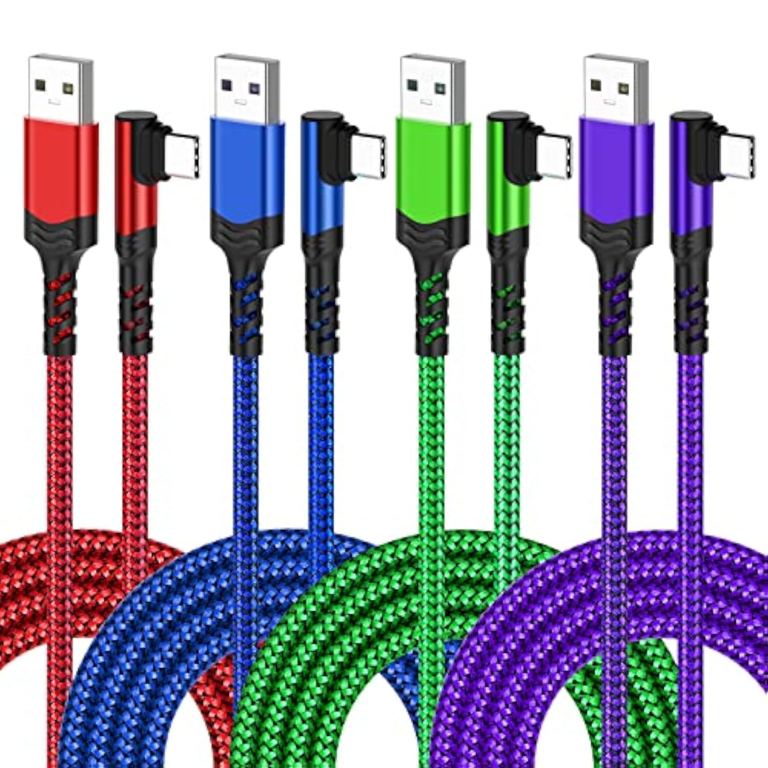 Usb C Cable 10Ft, 4-Pack Long Braided Usb-A To Usb-C 90 Degree Right Angle Type C Fast Charging Android Cord For Samsung Galaxy S25 S24 S23 A16 A15, Google Pixel 9 8 7 (Red Blue Purple Green)