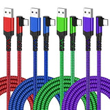 Usb C Cable 10Ft, 4-Pack Long Braided Usb-A To Usb-C 90 Degree Right Angle Type C Fast Charging Android Cord For Samsung Galaxy S25 S24 S23 A16 A15, Google Pixel 9 8 7 (Red Blue Purple Green)