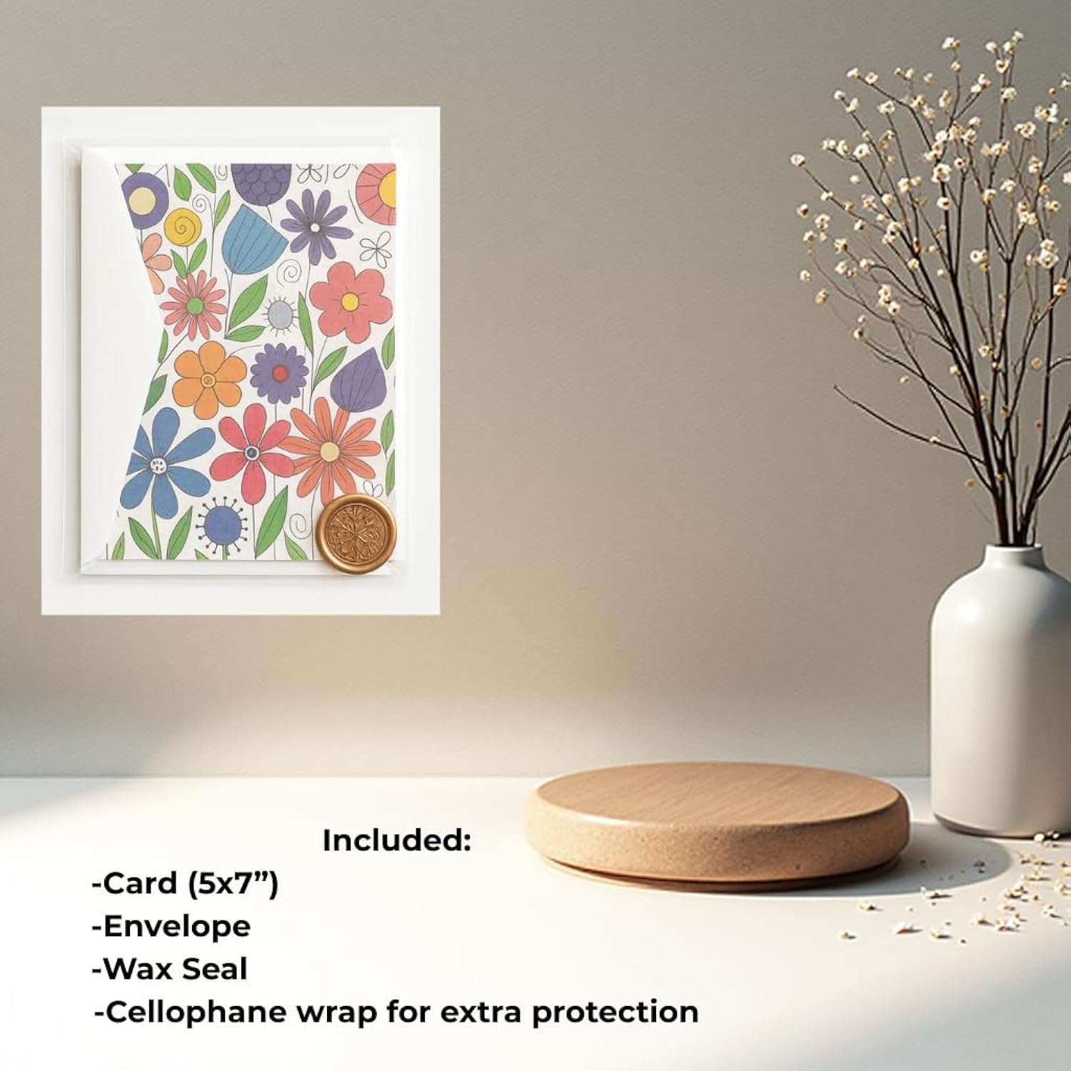 Blank Inside Greeting Card 5X7" With Envelope & Wax Seal – Watercolor Flower Design- Doubel Sided Design – All Occasion Card By – Birthday, Mother’S Day, Thank You, Thinking Of You, Etc.