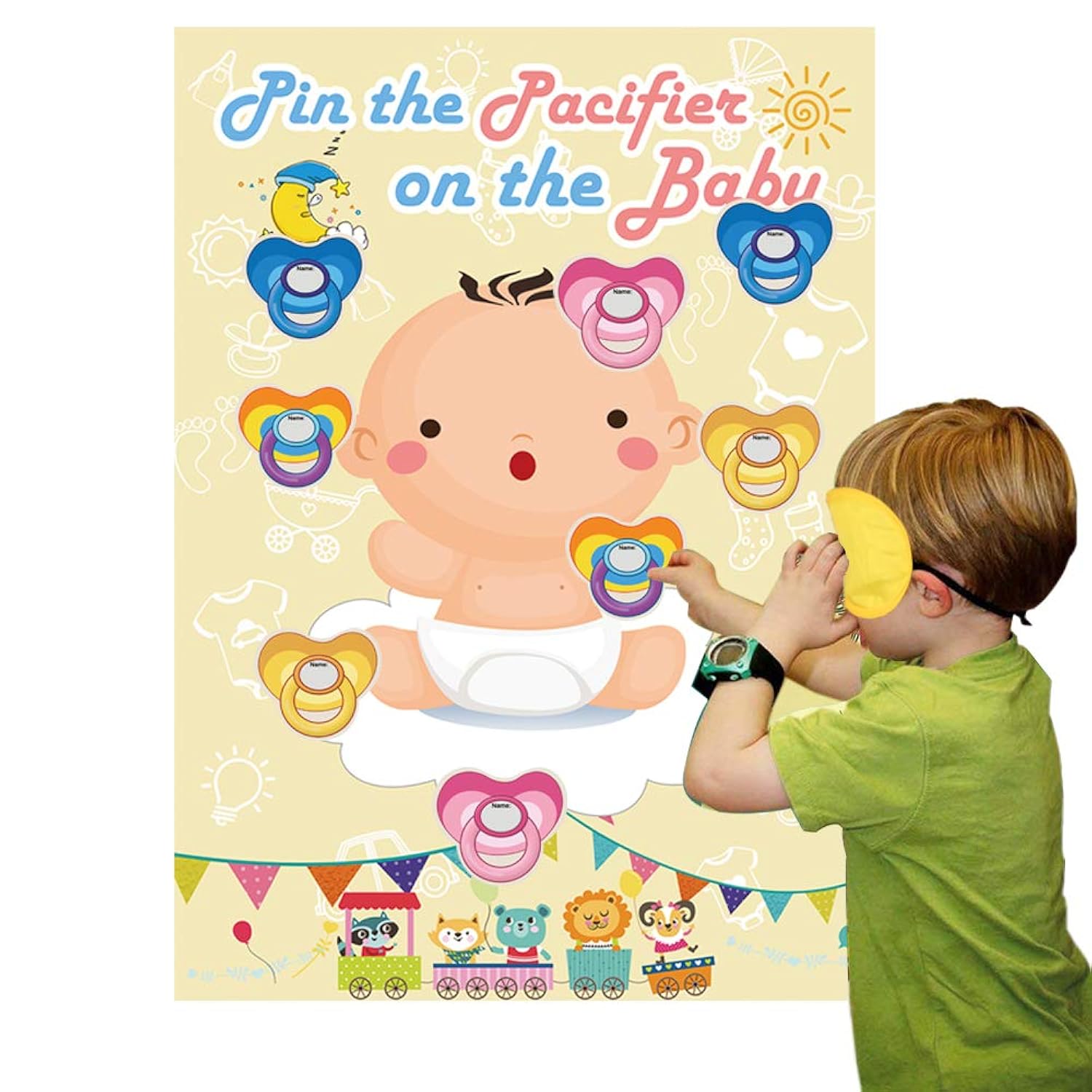 Pin The Pacifier On The Baby Game - Large Poster For Baby Shower Party, Kids Birthday Party Supplies - 72 Pacifier Stickers
