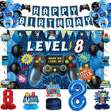 Video Game 8Th Birthday Decorations For Boys, Blue Level 8 Banner Backdrop Honeycomb Centerpieces Hanging Swirls For 8Th Birthday Party, Gamer 8 Years Old Party Supplies