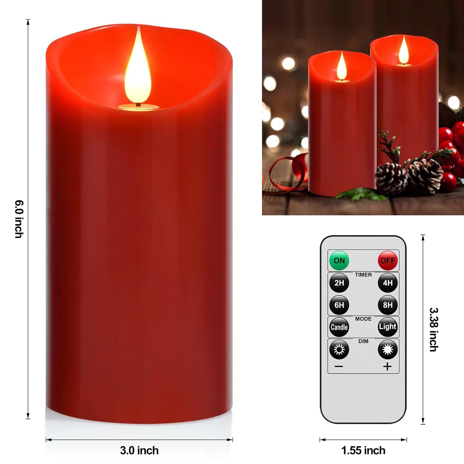 Flameless Battery Operated Flicking Candles:Remote Control Realistic Wax Pillar Led Candle With 10-Key Cycling 24 Hours Timer For Home Decoration Wedding Birthday Party Ivory 2Pack Red