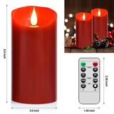 Flameless Battery Operated Flicking Candles:Remote Control Realistic Wax Pillar Led Candle With 10-Key Cycling 24 Hours Timer For Home Decoration Wedding Birthday Party Ivory 2Pack Red