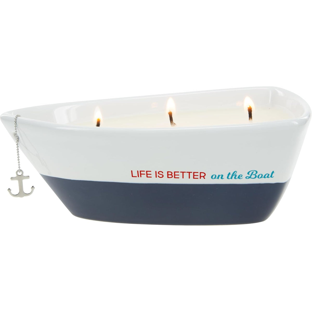 Pavilion Gift Company Life is Better 10 Oz Triple Wick Candle in Ceramic Boat Dish, Blue, 67770, 67770, 67770, 67770