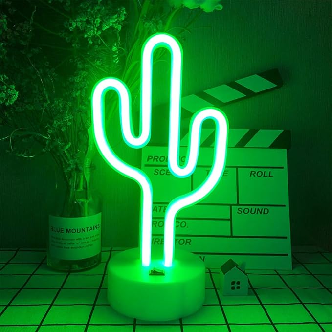 LED Cactus Neon Sign Table Lamp USB Battery Powered Night Light with Stand for Kids Room Dorm Party Decor