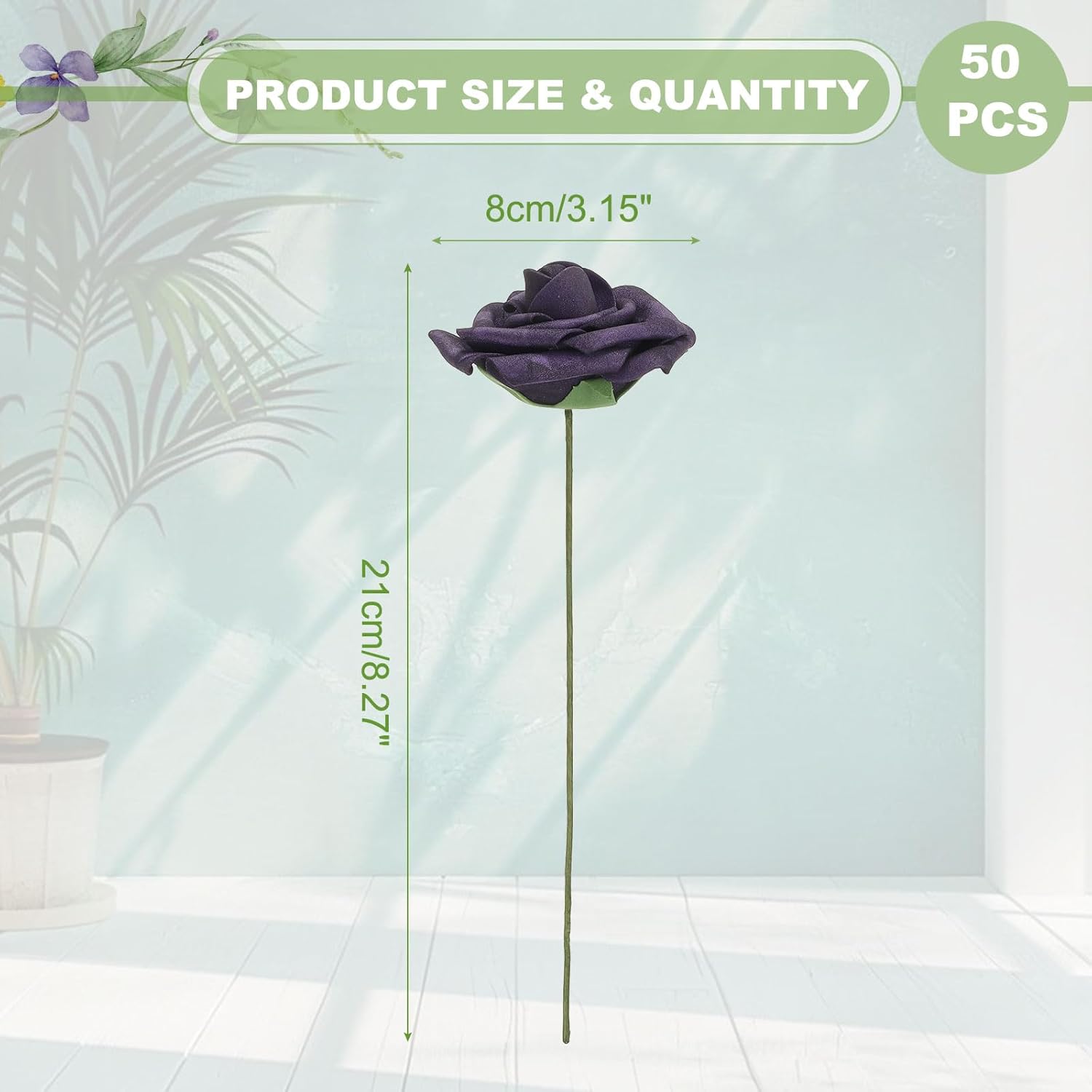 uxcell 50Pcs Fake Roses with Stems, 3.15 Inch Foam Roses Artificial Flowers for DIY Craft Wedding Bouquets and Party Decoration(Dark Purple)
