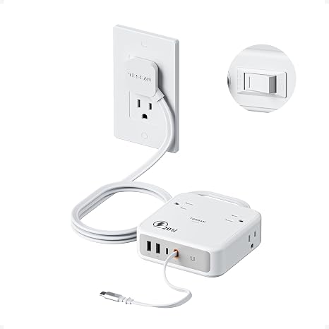 5FT Surge Protector Power Strip 4 Outlets 4 USB Ports 20W USB C Flat Plug Grey