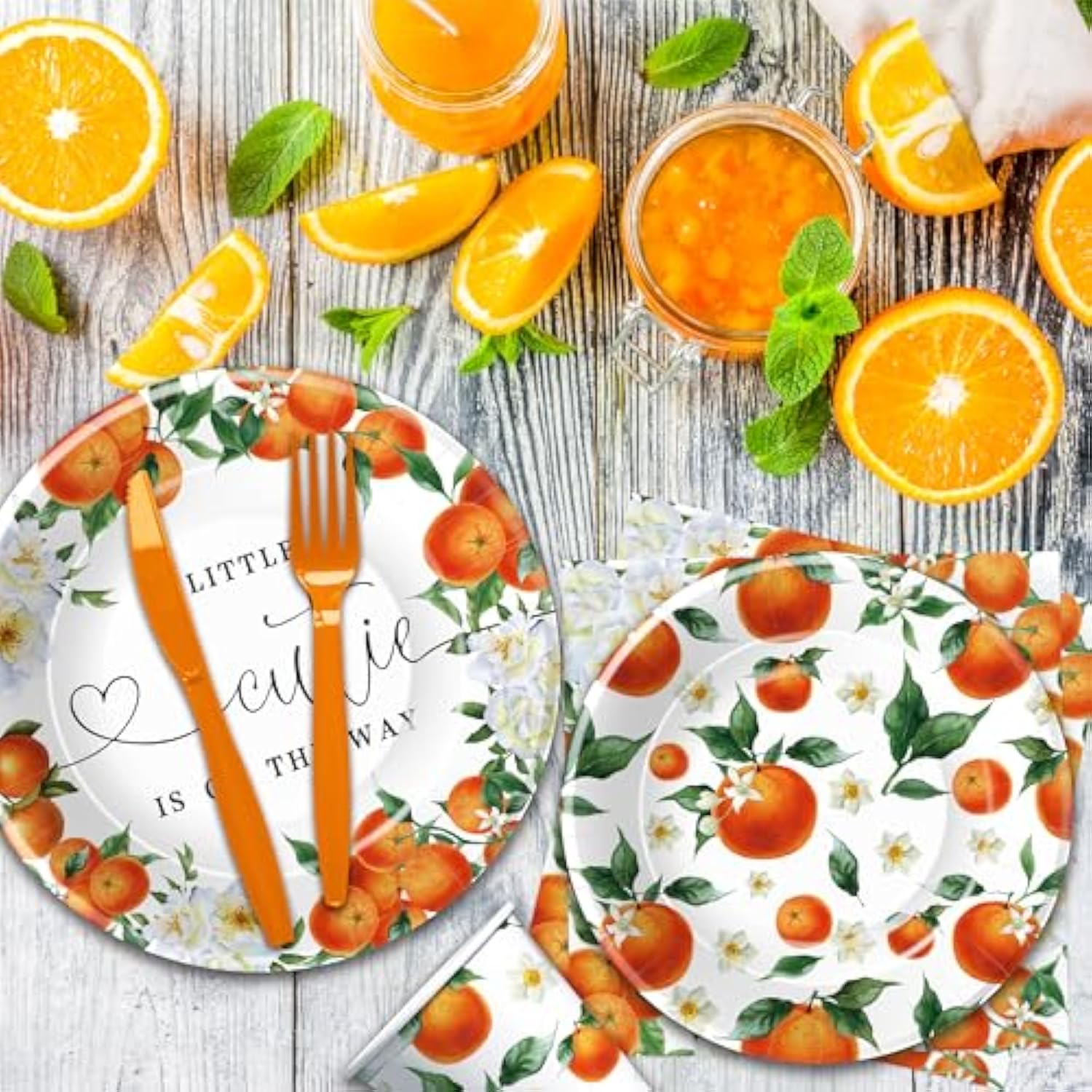 Little Cutie Baby Shower Decorations Tableware, Fruit Orange Baby Shower Decorations, Paper Plates And Napkins, Cup, Cutlery | Serves 24