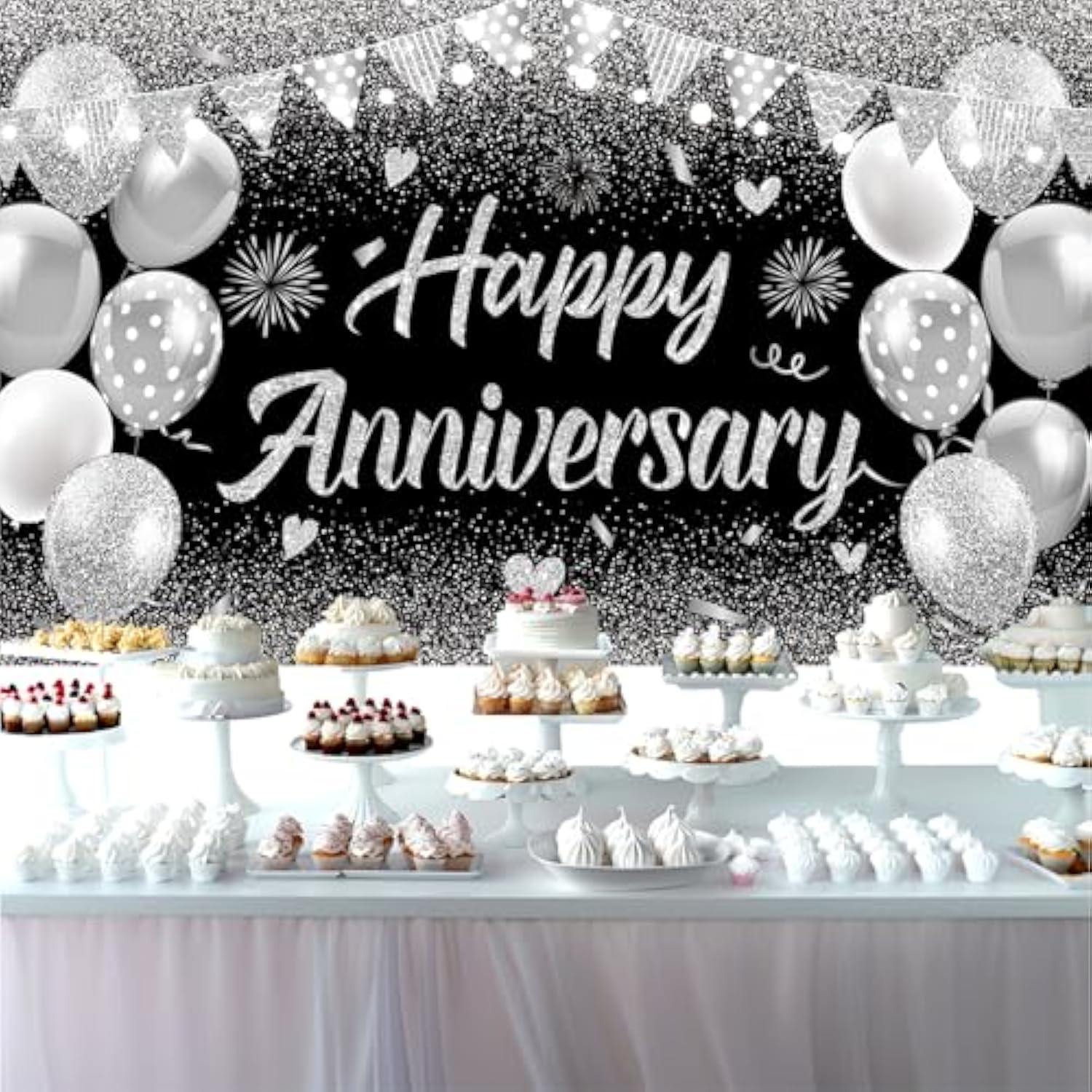 Black Silver Happy Wedding Anniversary Banner For 5 10 15 20 25 30 40 50 For Couple, Happy Anniversary Decorations, Surprise For Parents Cheers To Wedding Supplies 71X43In